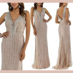 NWT $698 Lara [ 6 ] 29680 Beaded Fringe V-Neck Sleeveless Column Gown Nude J2021
